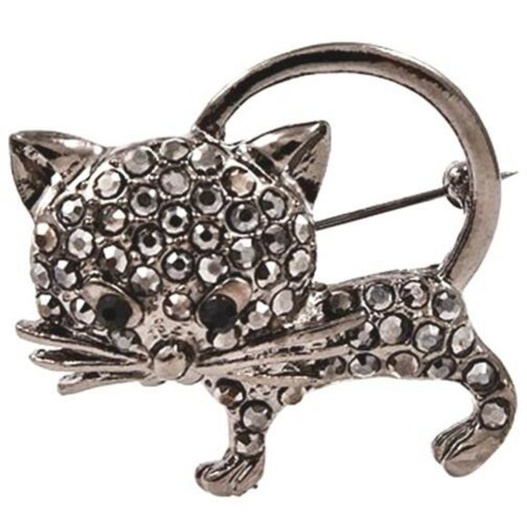 Silver Crystal Kitty Cat Pin Brooch Black Kitten Halloween Sparkly Crystals - Picture 2 of 5